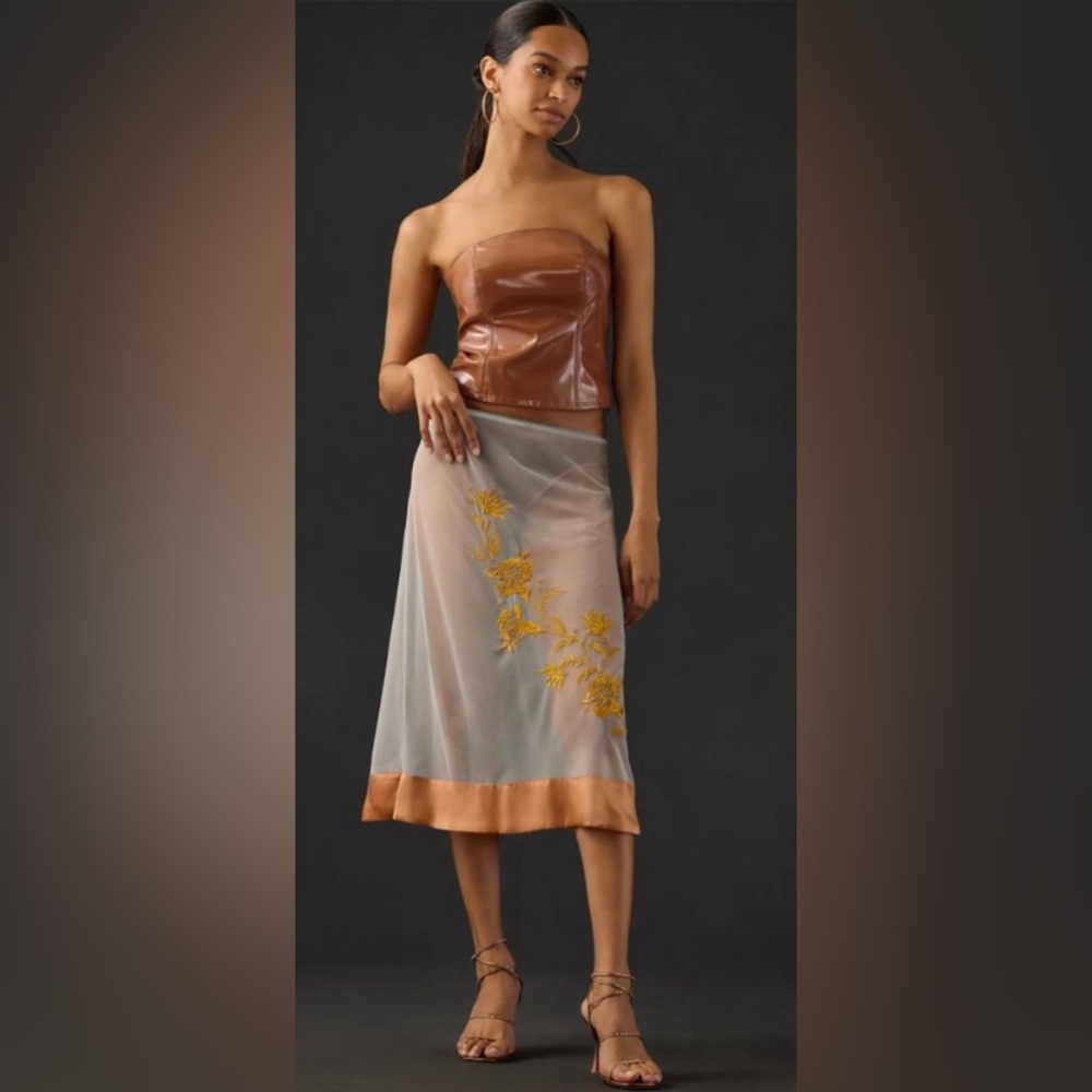 By Anthropologie Embroidered Sheer Midi Skirt in Light Grey/Gold, size XL